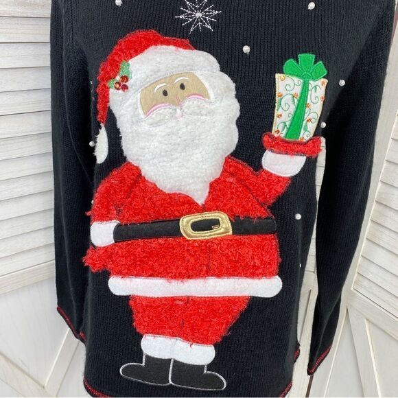 Red Label Fuzzy Santa Christmas Pullover Sweater Black Red Small - Picture 5 of 11